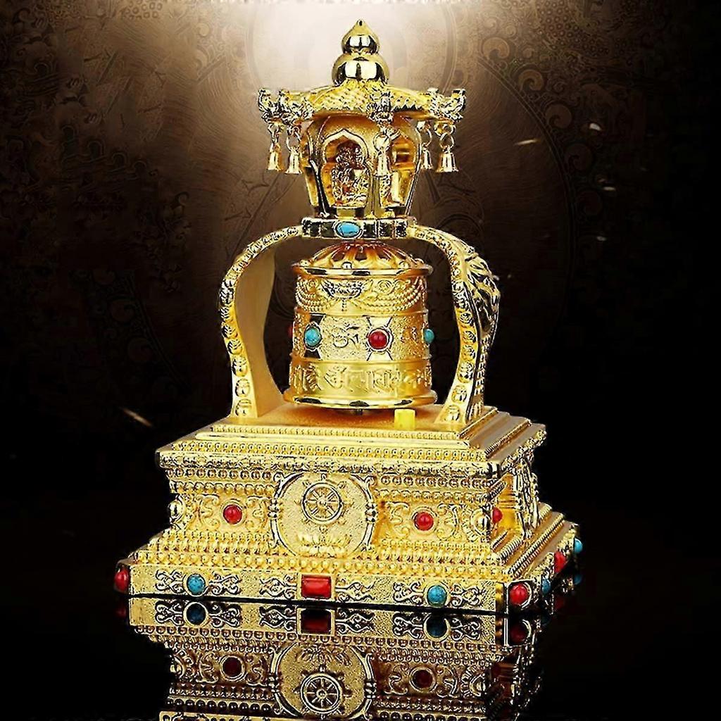 Silent Solar Powered Gold Tibetan Prayer Wheel with 4 Wind Chimes for Home Decor