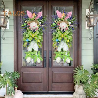Couronne de lapin de Pâques, décoration de porte d'entrée de saison printanière, couronne de lapin en fleurs artificielles avec nœud pour décoration murale et fenêtre