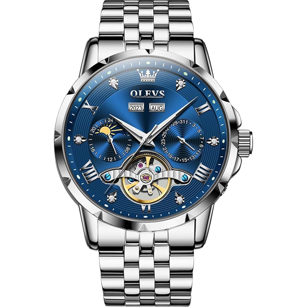 OLEVS Men s Mechanical Automatic Moon Phase Skeleton Waterproof Watch Blue