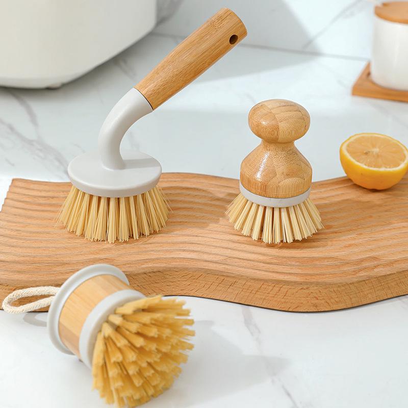 Multi-functional Bamboo Dishwashing & Pot Cleaning Brush with Short & Long Handles for Non-scratch Kitchen, Fruit, and Vegetable Cleaning