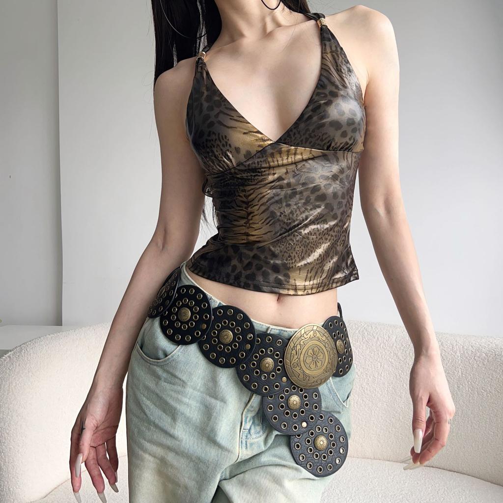 Spice Girl Style Retro Leopard Print Chest Cross Beautiful Back Hollow and Thin Suspenders European and American Fashion Versatile Slim Small Vest