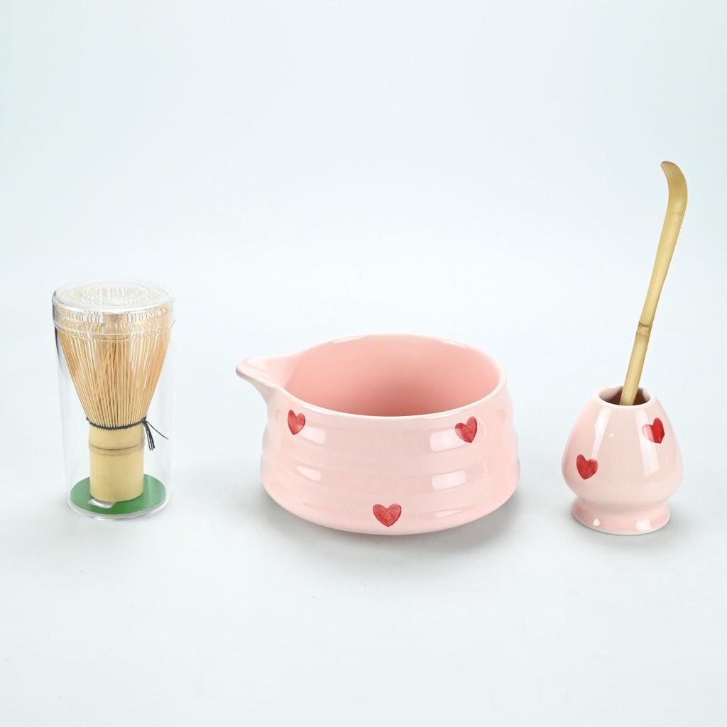 Matcha Whisk Set with Pink Heart Design, Matcha Set Includes Matcha Bowl, Matcha Whisk and Whisk Holder, Scoop, Sifter, Perfect