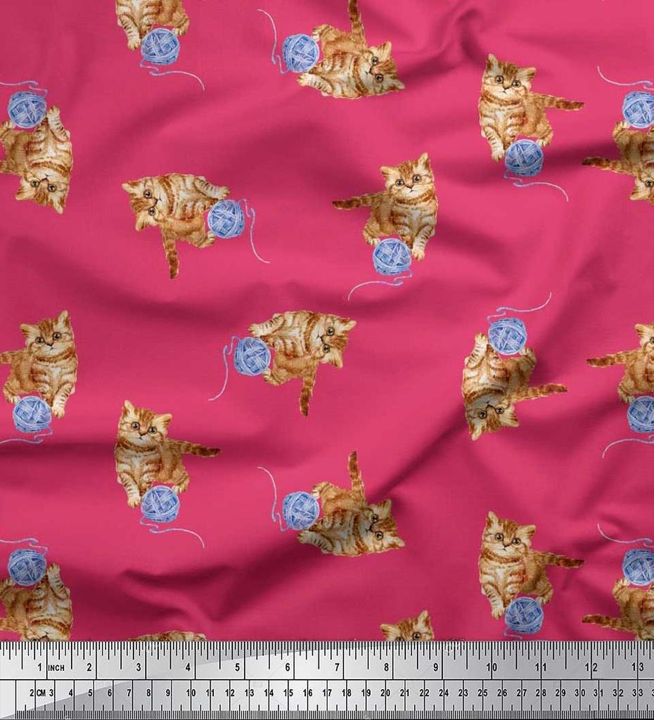 Soimoi Japan Crepe Satin Fabric Wool & Cat Animal Print Fabric by the Metre 42 Inch