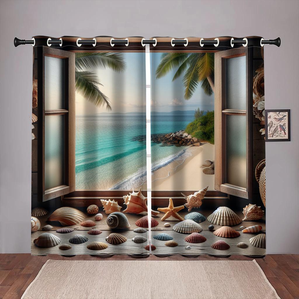 Summer View Beach Ocean Shell Natural Senery Tree Curtains for Bedroom Window Drapes Living Room Home Decoration Kitchen Office