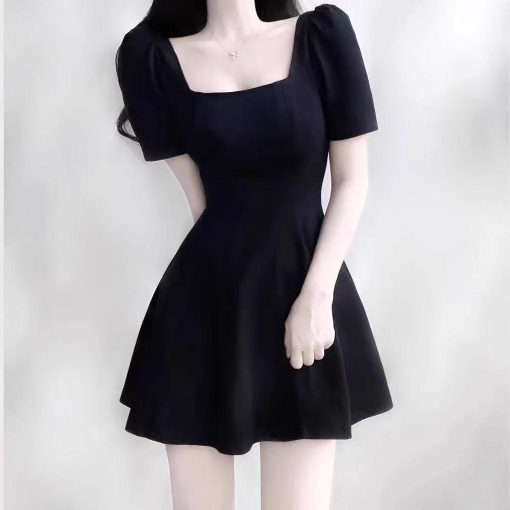 Women French A‑Line Little Black Dress Square Neck Short Sleeve High Waist Fitted Mini Dress Elegant Date Night Dress For Petites Summer 2025