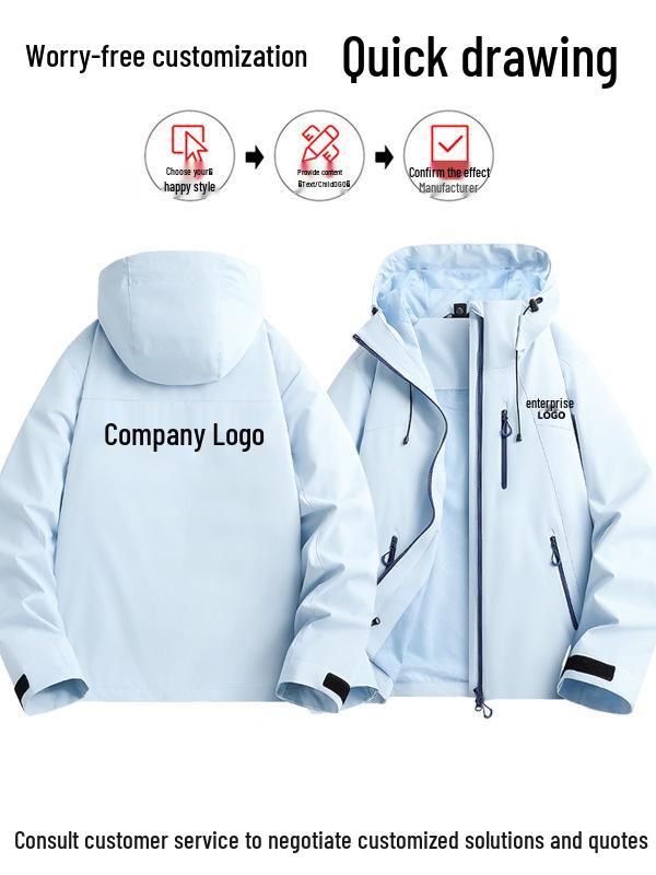 Unisex Waterproof Windproof 3-in-1 Outdoor Mountaineering Jacket with Detachable Layers and Custom Logo Option.
