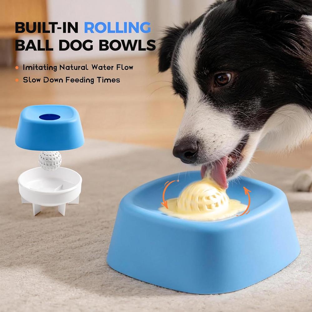 Slow Feeder Dog Bowls for Liquid Treat, Anti-Slip Entertained Ball-in Bone Broth Dog Lick Bowl Dog Lick Bowl with Roller Ball