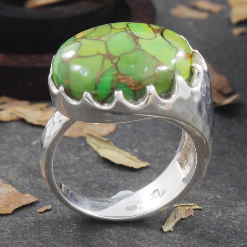 925 Sterling Silver, Green Copper Turquoise Gemstone Ring, Oval Ring, Handmade Designer Ring, Statement Ring, Ring For Sale, Valentine  Gifts