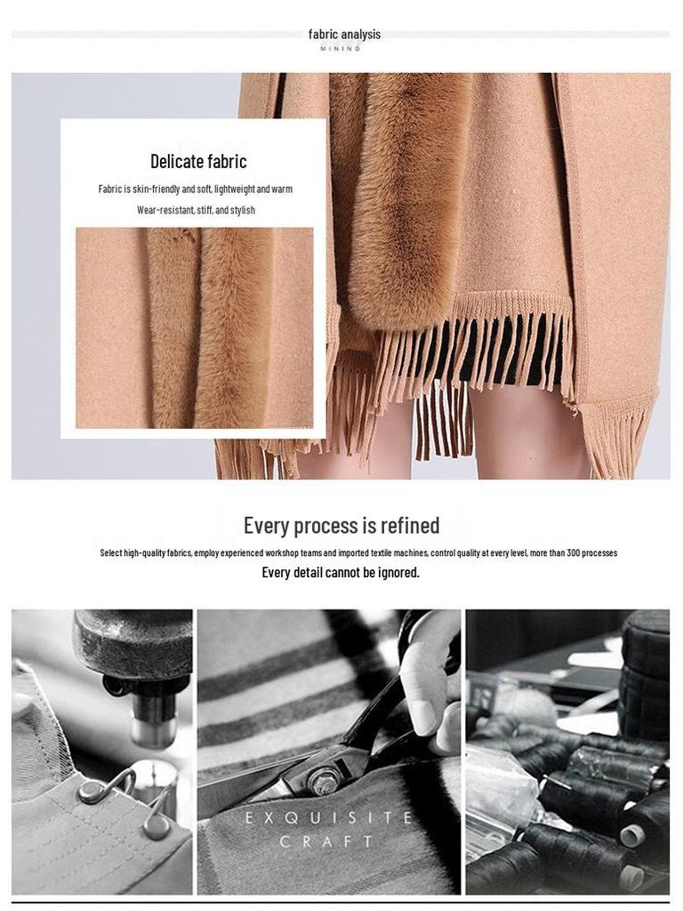 869# Women's Plaid Fleece-Lined Knitted Shawl Cape with Thick Fur Collar