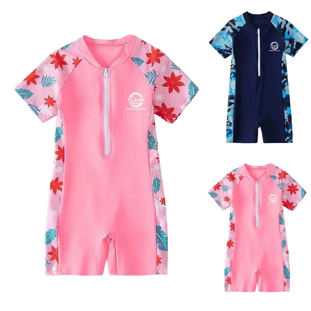 Children's Short Sleeve One-Piece Swimsuit with Front Zipper Lightweight Comfortable Breathable Material Suitable for Boys and Girls Summer Swimwear