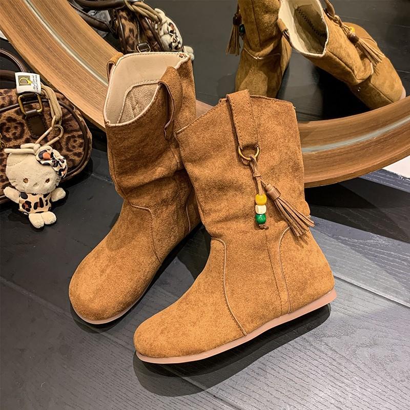 Autumn new retro sleeve round head flat bottom short boots slim western pile boots Martin boots women