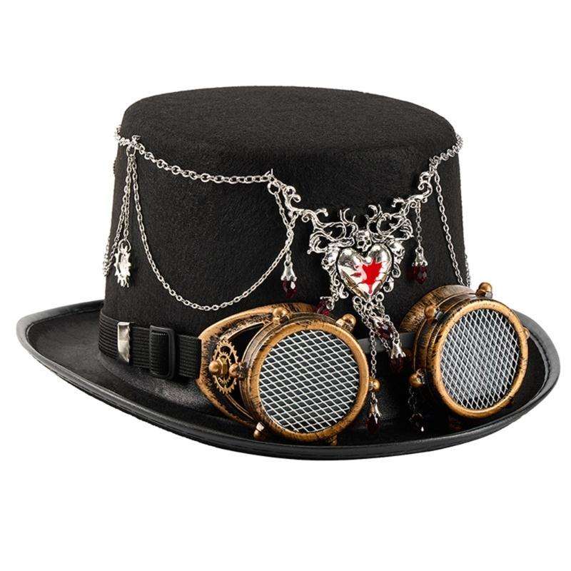 

Victorian Mechanical Gear Embellished Wool Top Hat with Chain Gothic Aesthetic And Removable Goggles For Themed Event 1