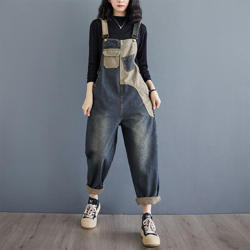 Suspender Pants Fashion Denim Overalls Women's Spring and Autumn Loose High Waist Contrast Color One-piece Wide-leg Nine-point Pants