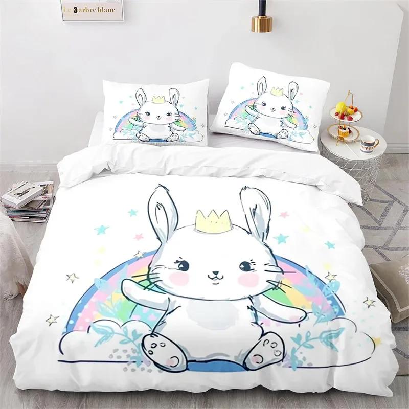 Cartoon Animal Cute Rainbow Rabbit Bedding Set Single Twin Double Queen King Cal King Size Bed Linen Set