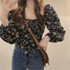 French Floral Square Collar Shirt Female Elegant Design Sense Niche Bubble Sleeve Slim Tops Vintage Pleated Spring Collarbone Blouse
