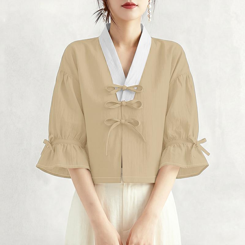 

ZANZEA Women Lace Up V-Neck Casual 3/4 Sleeve Elegant Loose Blouse 2XL абрикосовий