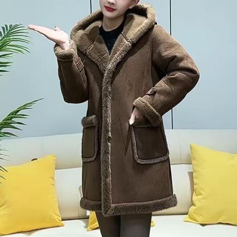 Korean Style Mid-Length Suede Fleece Women's Hooded Lambswool Winter Coat