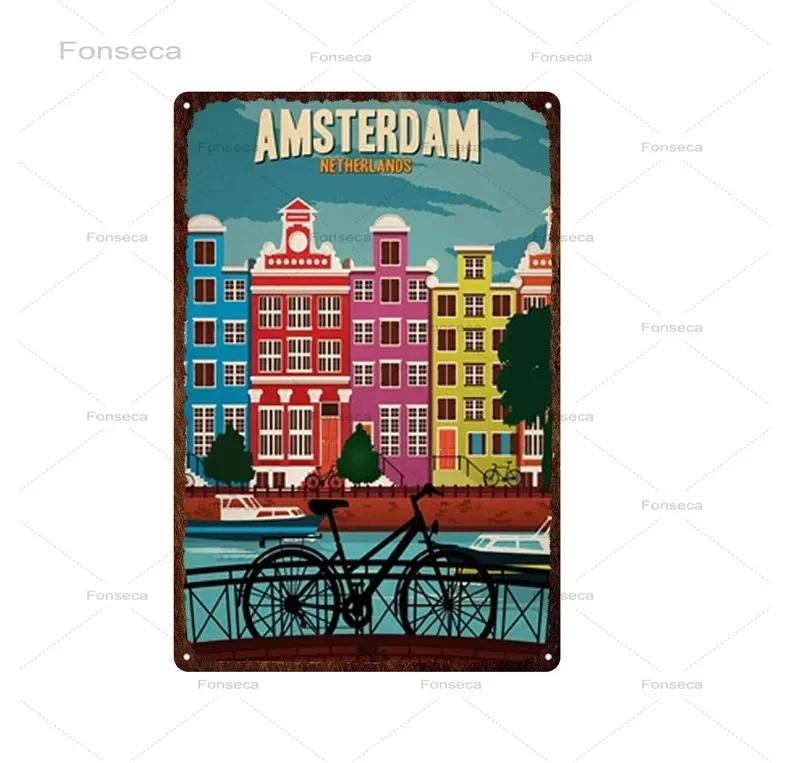 Paris Roma City Metal Sign Vintage Metal Plaque Travel Plates Decor For Bar Home Wall Decor Tin Sign Landscape Poster
