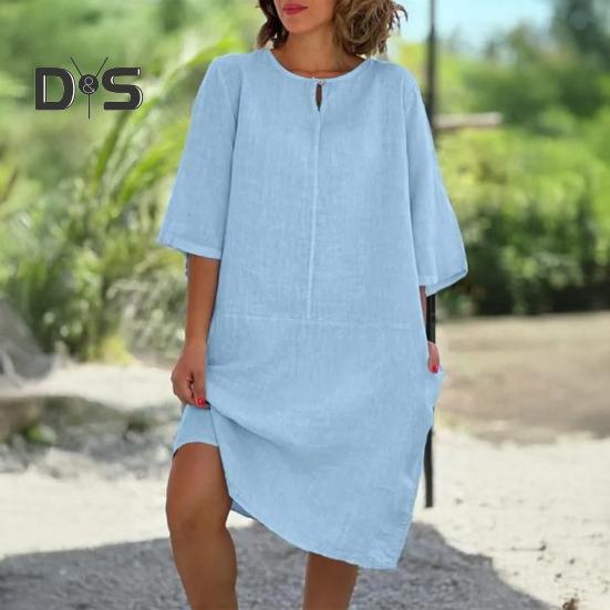 Lockeres Hemdkleid aus Baumwollleinen für Damen, lässiges Midikleid mit 1/2-Ärmeln und Rundhalsausschnitt, Sommerurlaub, Strand, Sommerkleid