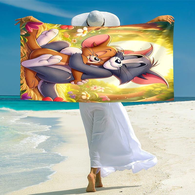 Tom Jerry Hug Cartoon Cat Mouse Soft Beach Towel Outdoor Vacation Beach Towel Outdoor Absorbent Bath Towel Blanket Beach Towel
