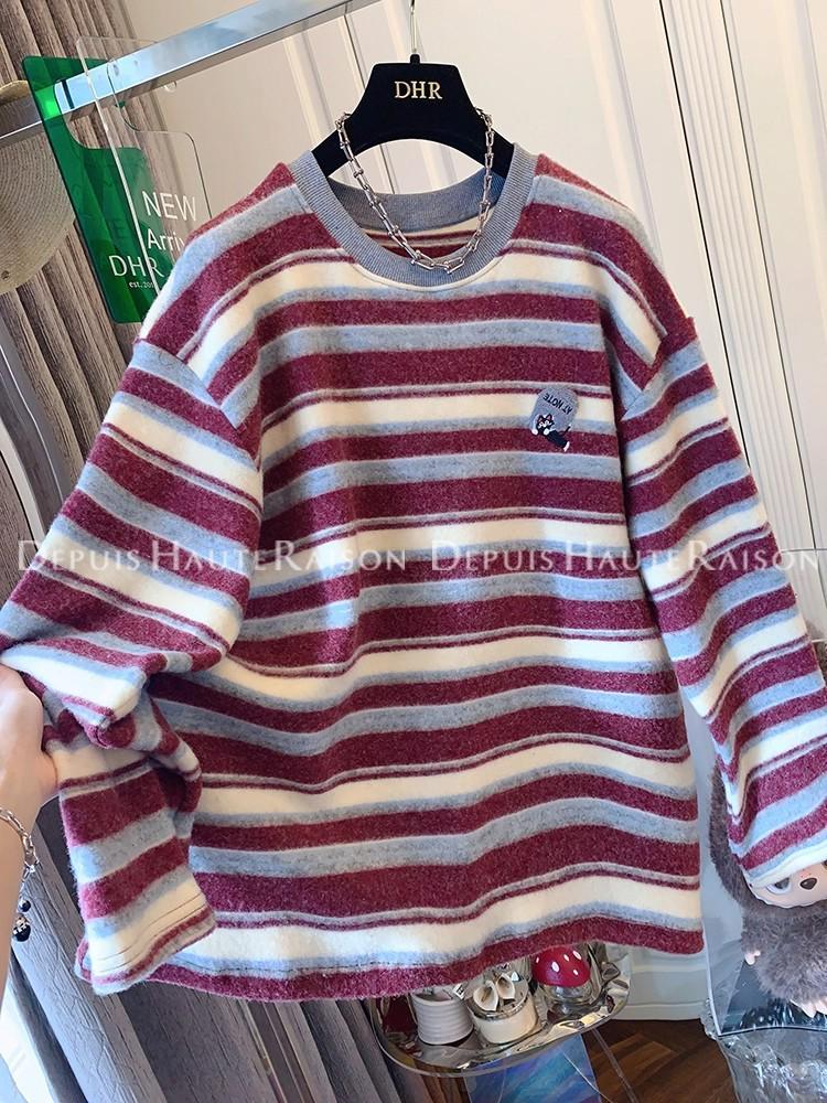 Women's Lazy Style Stripe Plush Long-Sleeve Age-Reducing T-Shirt - 2025 Autumn/Winter Collection