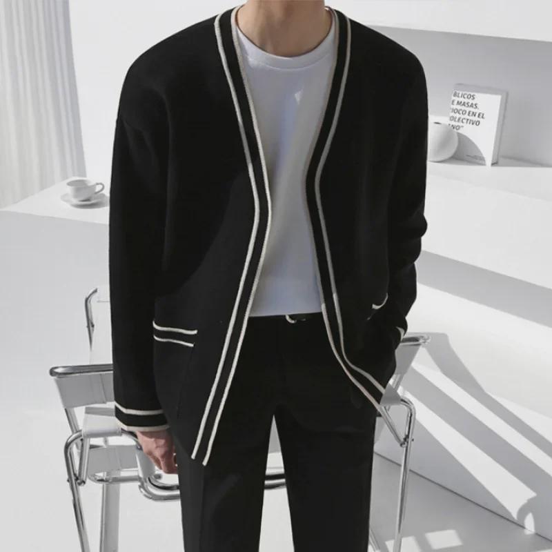 Men's Knitted V-Neck Cardigan Sweater - Spring/Autumn Korean Casual Loose-Fit Top