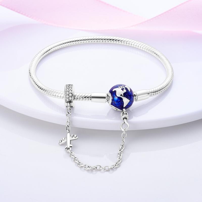 17-20CM 925 Silver Plate Pink Heart Lock Aircraft Earth Bracelet With Safety Chain Fit DIY Charms Beads Fine Birthday Jewelry