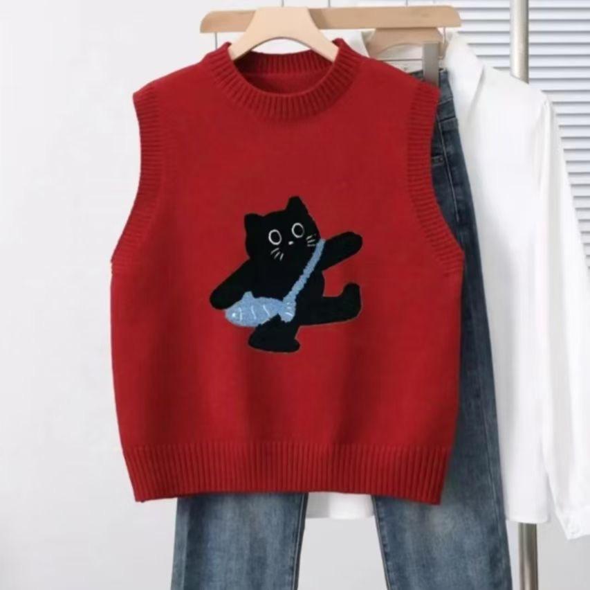 Chic Knitted Sweater Vest Classic Embroidered Design Fashionable Autumn Winter Style Versatile Commute Wind Regular Length