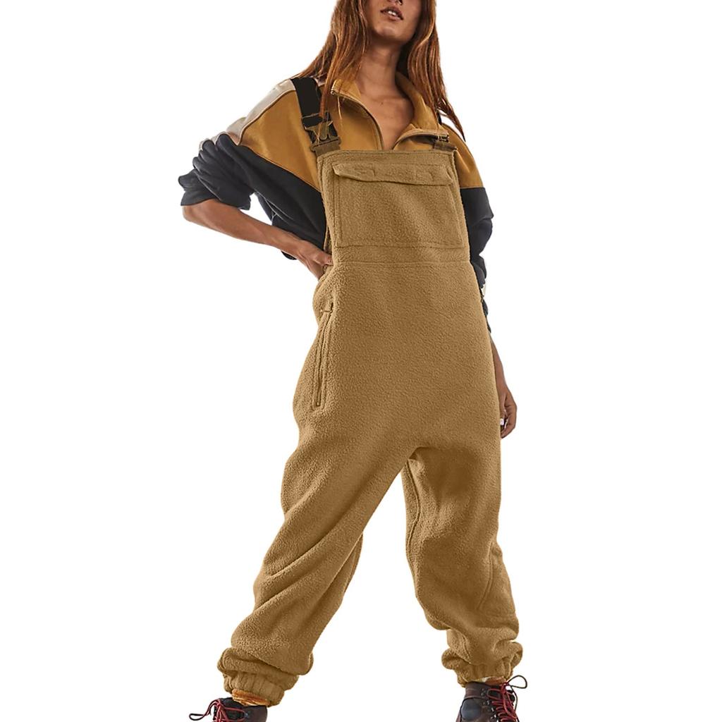 Womens Fleece Overalls One-piece Jumpsuits Adjustable Suspender Straps Warm Winter Fuzzy Ski Pants