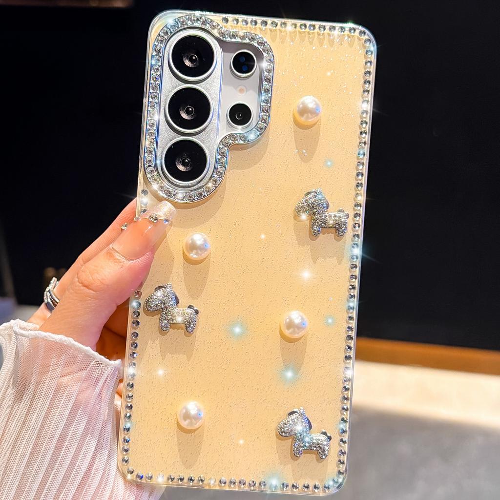 Applicable to Samsung S26Ultra pearl pony mobile phone case S24FE flash diamond S25 all-inclusive anti-drop DIY protective case