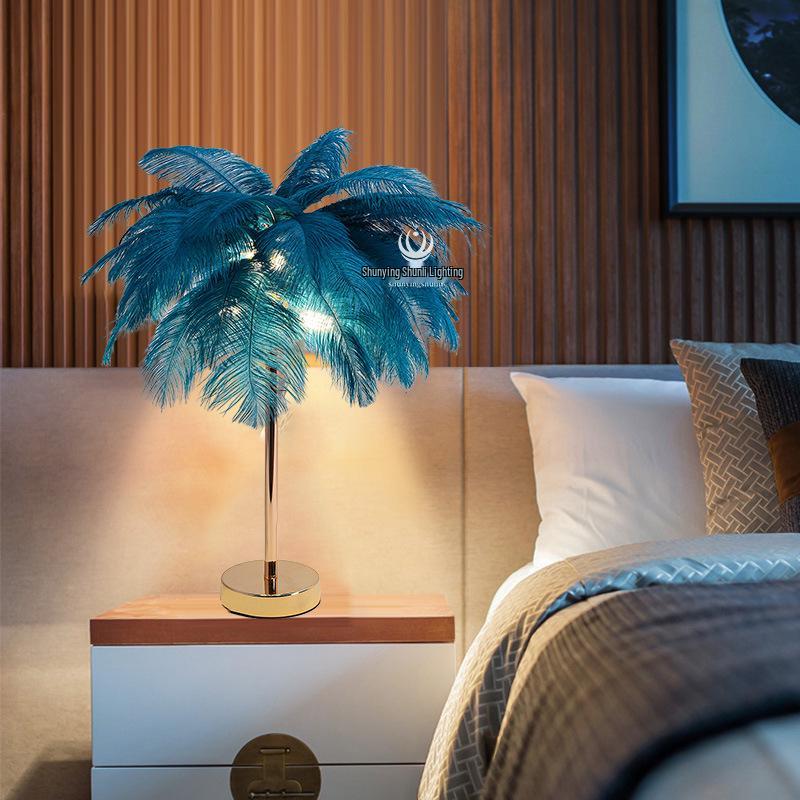 Nordic White Feather LED Desk Lamp - Natural Style for Bedroom, Restaurant, or Bookstore Decor