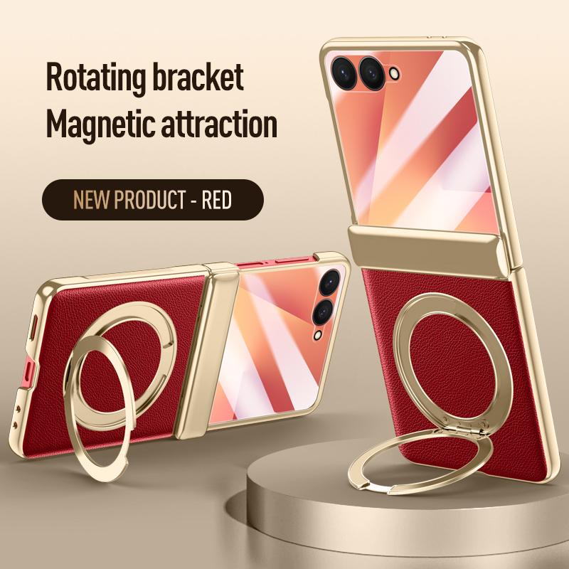 

Rotate Metal Magnetic Bracket Spring Hinge Glass Protect Film Case For Samsung Galaxy Z Flip7 Wireless Charging PU Leather Cover For Galaxy Z Flip 7