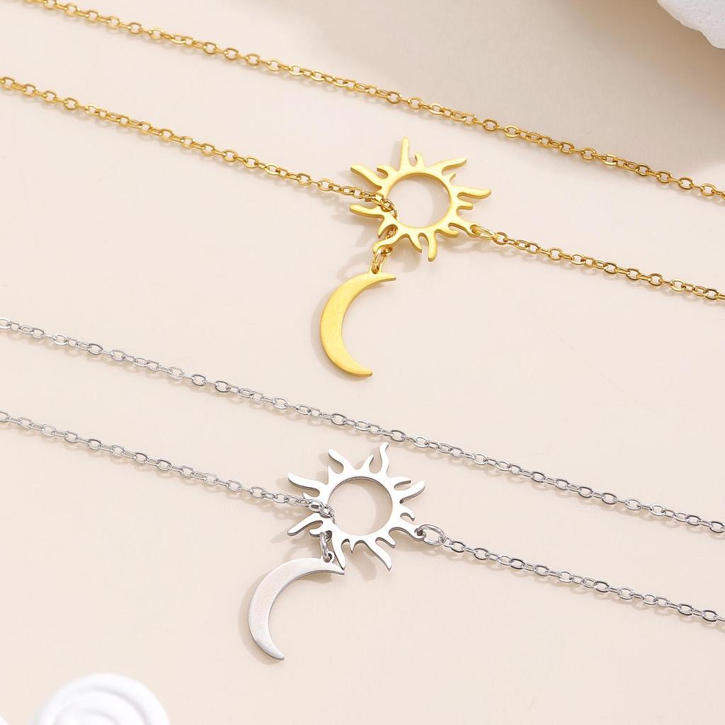 Stainless Steel Adjustable Double Layer Sun & Moon Pendant Necklace - Light Luxury Style