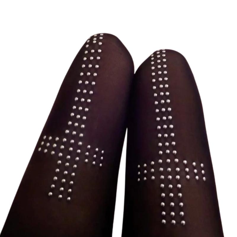 Women's Classical Black Stretchable Opaque Tights Crosses Rhinestones Embellished Pantyhose For Casual Or Party Wear