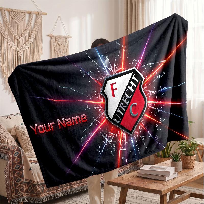 FC Utrecht Personalized Fleece Blanket With Football Logo, Custom Name Text Soft Warm Home Throw Blanket