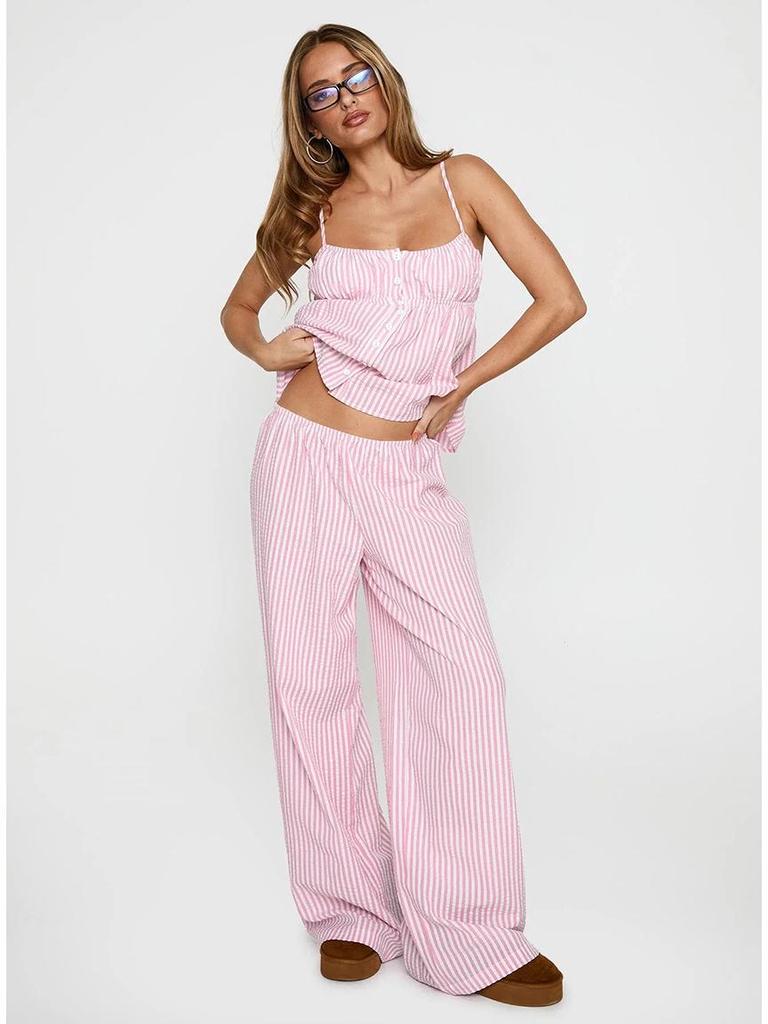 2025 Summer Striped Tank Top & Loose Pants Pajama Set for Women - Comfortable Homewear