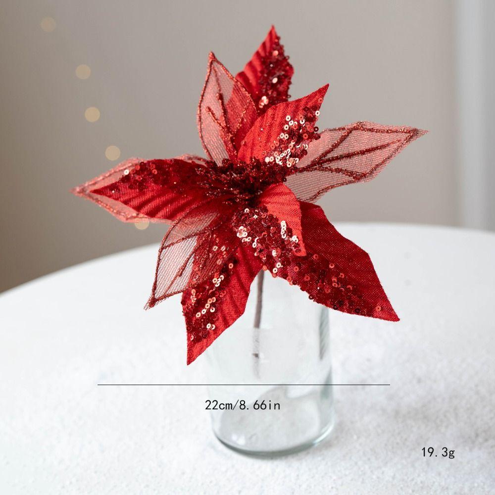 Fabric Plastic Xmas Decorative Flowers DIY Decoration Glitter Fake Flower  Xmas Tree Decorations
