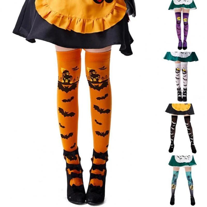 1Pair Women Thigh High Stockings Witch Pattern Over-knee Length Stretchy Long Socks Halloween Costumes Cosplay Accessories Socks
