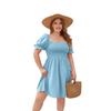 Plus Size Solid Color Casual Square Neck Vacation Dress with Smocked Puff Sleeves