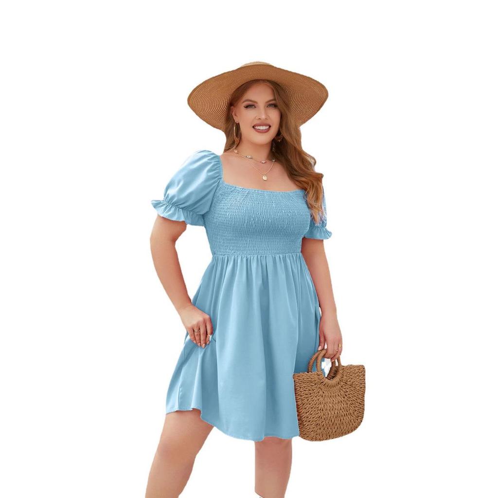 Plus Size Solid Color Casual Square Neck Vacation Dress with Smocked Puff Sleeves