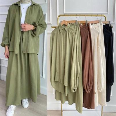 2 Piece Long Sleeve Shirt+Skirts Eid Muslim Women Elegant Sets Abaya Dubai Turkey Islamic Casual Tops Solid Color Skirt Fashion