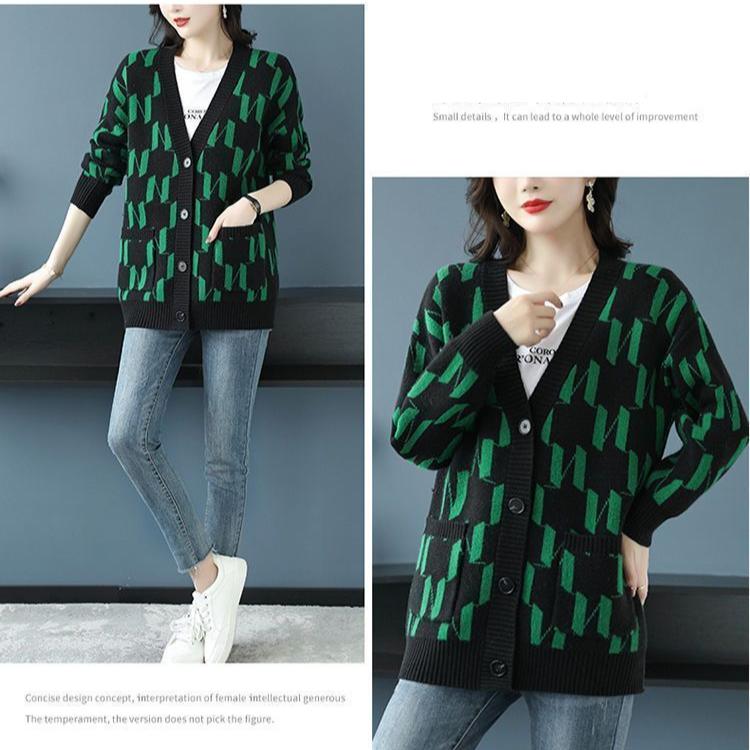 Herbst/Winter Damen Übergröße Strickjacke Pullover V-Ausschnitt Lockere Strickjacke Bedrucktes einreihiges Strickoberteil
