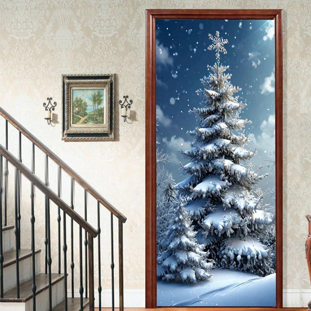 Christmas Tree PVC Self-Adhesive Waterproof Door Sticker Modern Simulation Door Mural Wallpaper Living Room Study Home Decor Art Door Poster