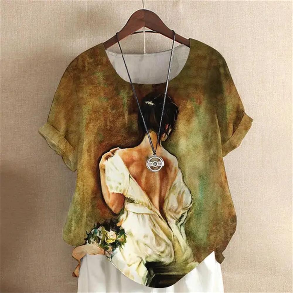 Oil Painting Y2k Girls Digital 3D Print Summer Fashion Women T-shirt Short Sleeve Everyday T-shirt Harajuku Vintage Pullover
