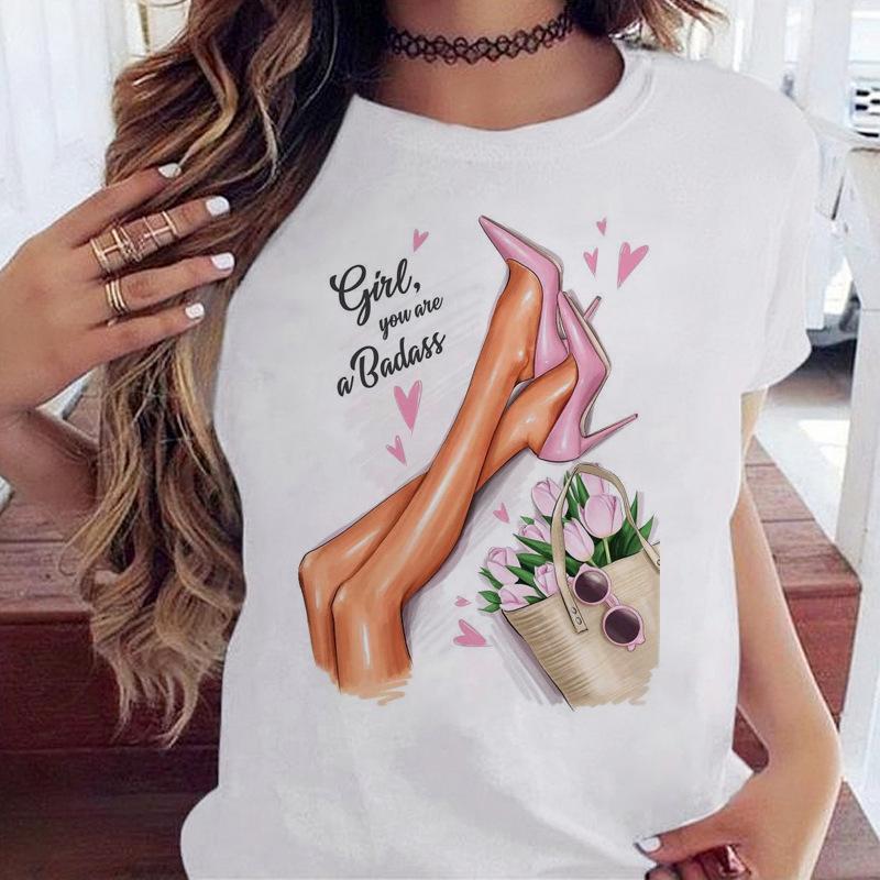 Women's Top Urban Girl Printed Casual White Cute Simple Retro Front Shoulder Pure Cotton Short Sleeved T-Shirts Women’s