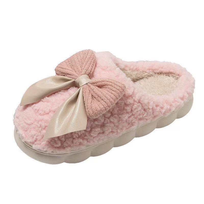 Women's Winter Fleece-Lined Fluffy Bow Slippers - Cozy, Thick-Soled Home Footwear