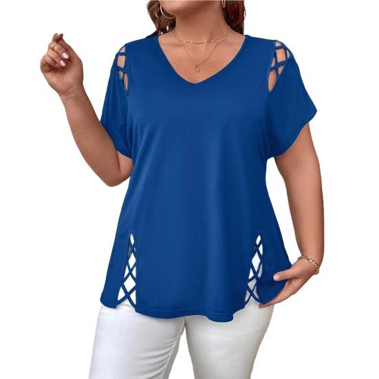 Women Summer T-shirt V-Neck Short Sleeve Solid Color Loose Fit Casual Tops with Hollow Cross-Band Design