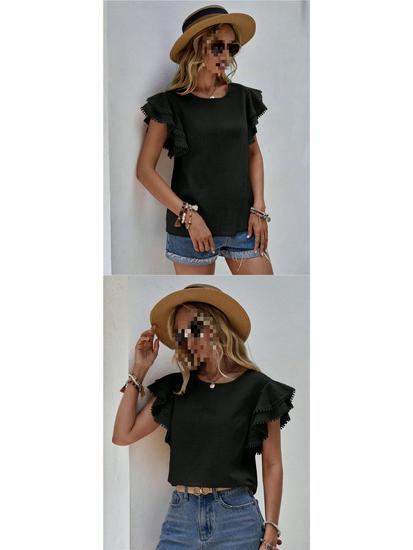 European & American Women's Casual Summer Round Neck Ruffle Batwing Short Sleeve Top