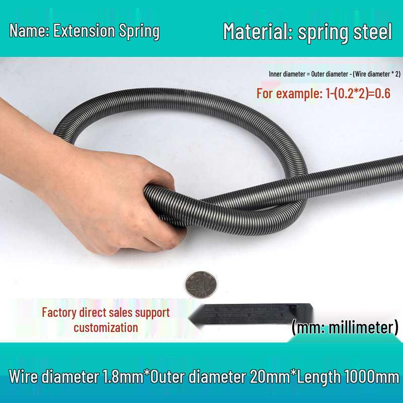 1m Spring Coil Extension with Hook - Strong Tensile Force, Thin Soft Sheath, for Tarpaulins & Sliding Doors