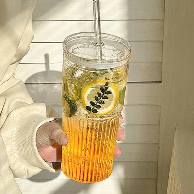 600ml Stripe Glass Cup Transparent Glasses with Lid and Straw Drinking Glasses Coffee Mug Juice Milk Tea Water Cups Drinkware